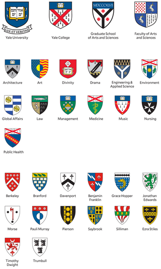 Array of shields of Yale's schools and residential colleges